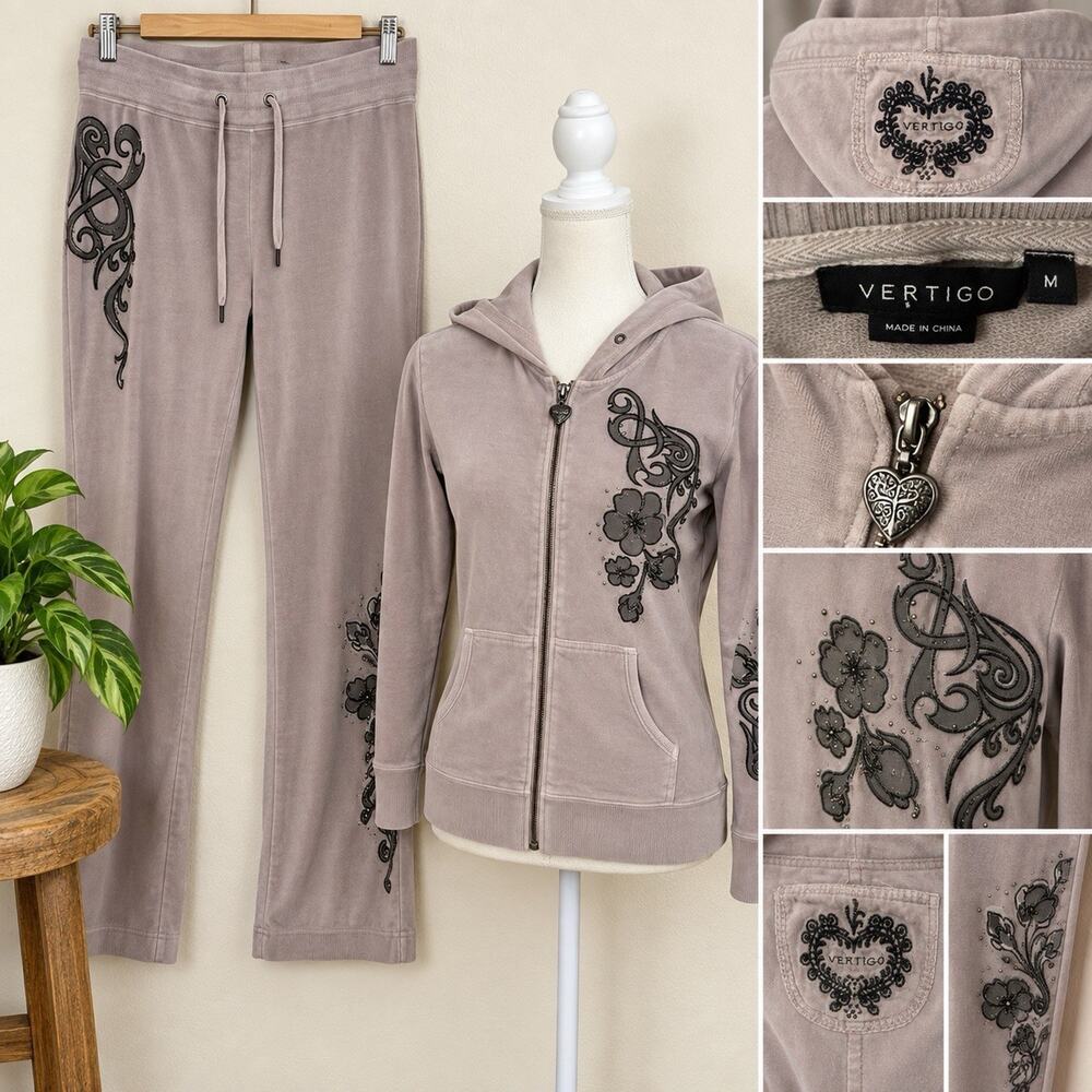 Vertigo Two Piece Set M Y2K Purple Grey Lounge Tracksuit Sweatshirt Sweatpants